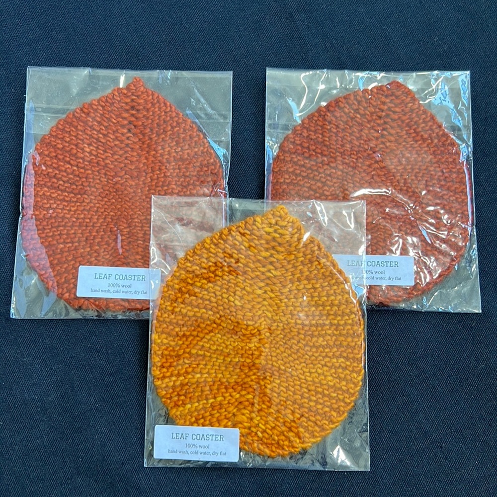 Set of 3 Hand made Hand Knitted 100% Wool Coasters- Leaf Pattern in fall colors